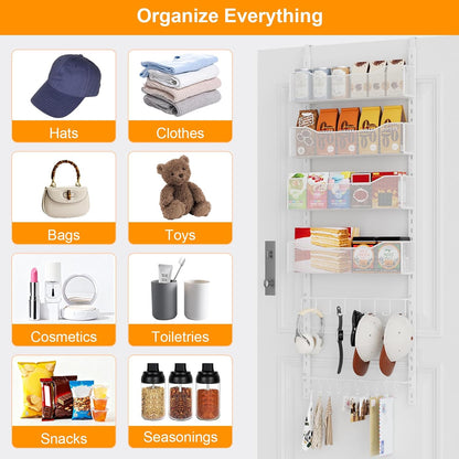 Over the Door Organizer, 2 in 1 Metal Hanging Closet Organizer & Hat Rack with 4 Adjustable Baskets, 8 Hooks, 10 Clips, Behind The Door Storage for Bedroom, Bathroom, Entrance, Closet, Kitchen, Black