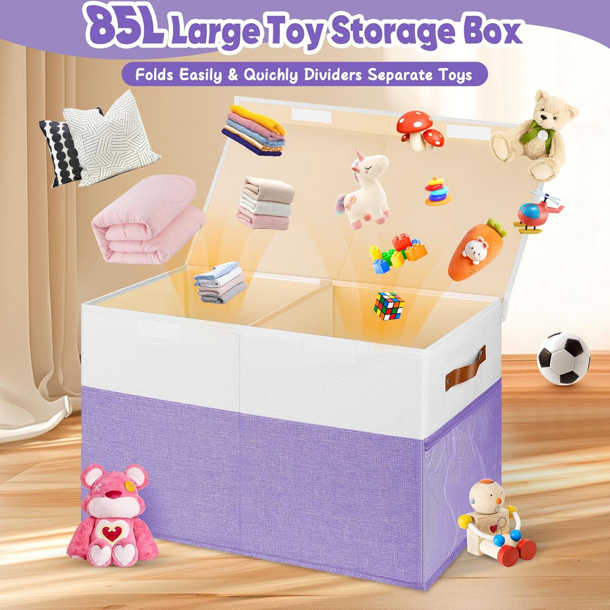 Large Toy Bins Box, Collapsible Storage Chest With Lids, 25"x13"x16"