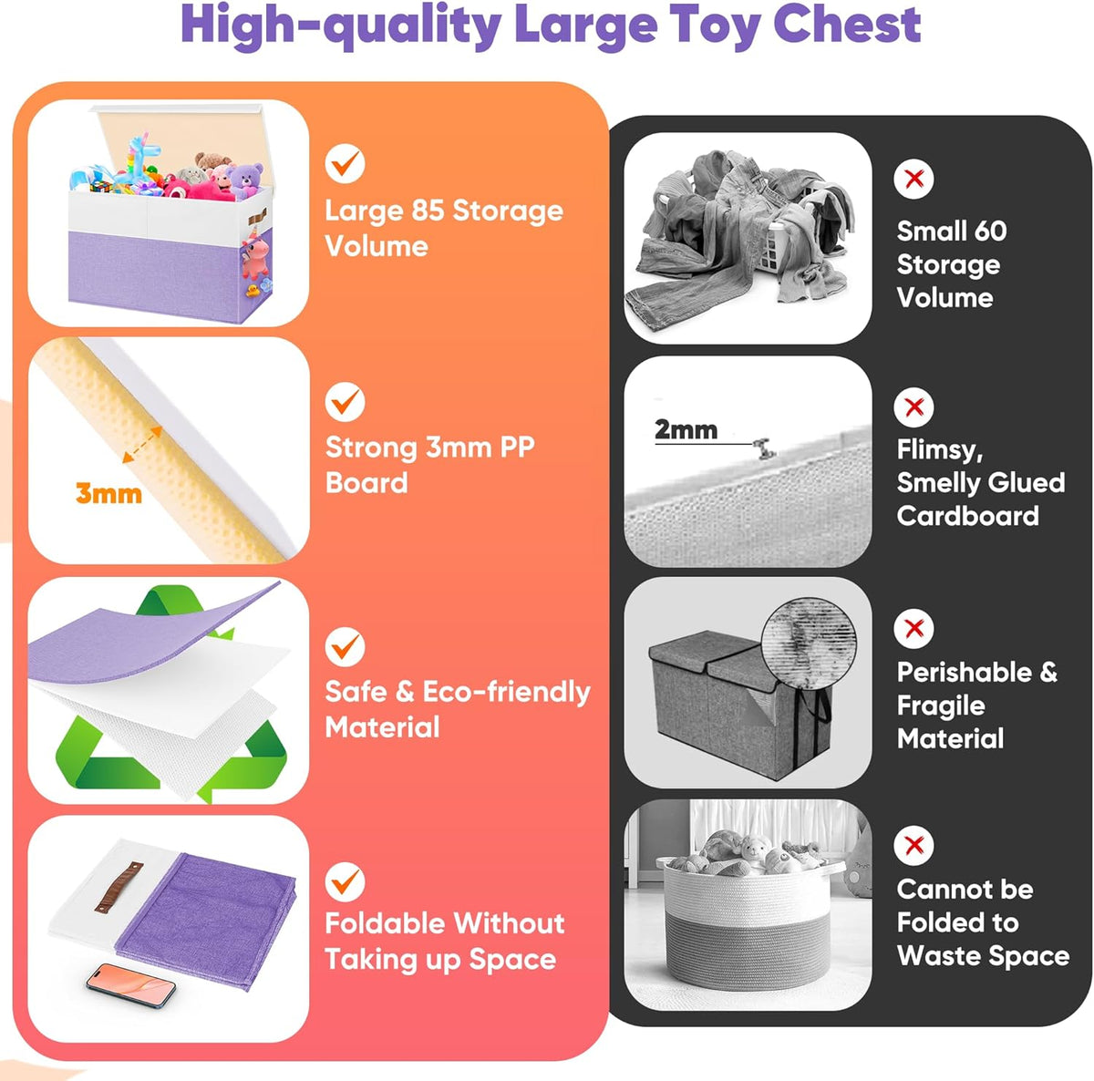 Large Toy Bins Box, Collapsible Storage Chest With Lids, 25"x13"x16"