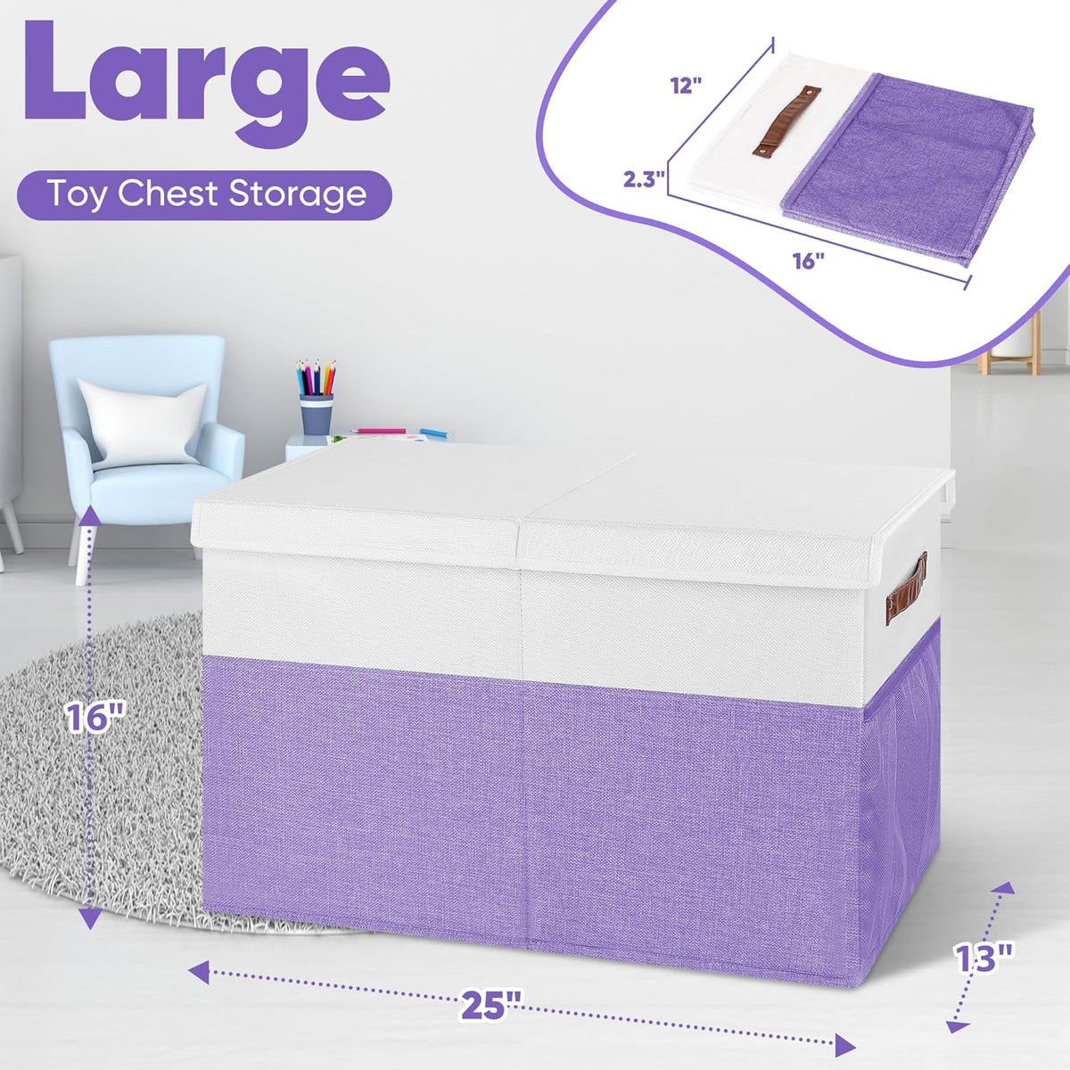 Large Toy Bins Box, Collapsible Storage Chest With Lids, 25"x13"x16"