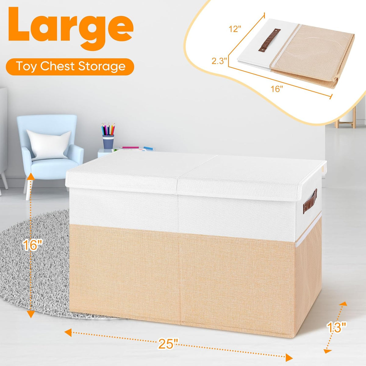 Large Toy Bins Box, Collapsible Storage Chest With Lids, 25"x13"x16"