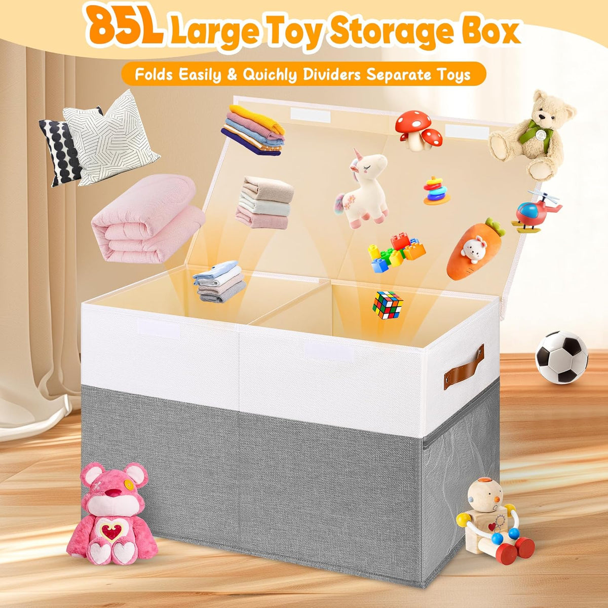 Large Toy Bins Box, Collapsible Storage Chest With Lids, 25"x13"x16"