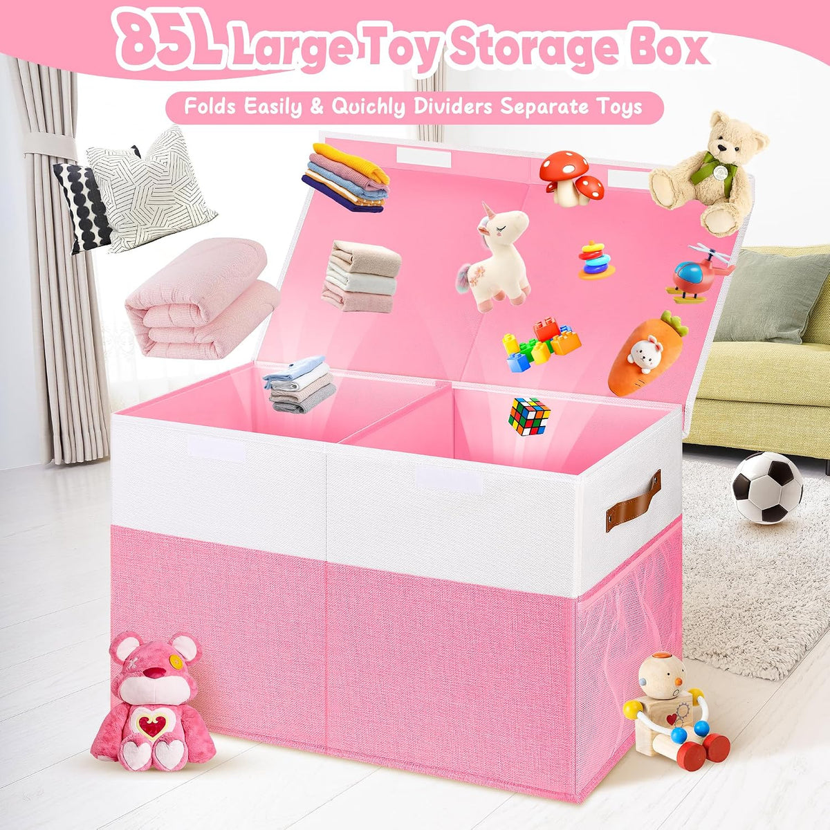 Large Toy Bins Box, Collapsible Storage Chest With Lids, 25"x13"x16"