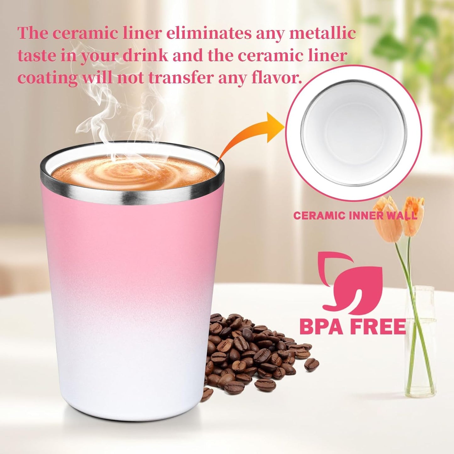 12 oz Coffee Mug Tumbler Internal ceramic coating Stainless Steel Vacuum Tumbler Travel Mug Spill Proof with Lid Proof Thermos Cups for Hot and Cold Drink(Pink to White)