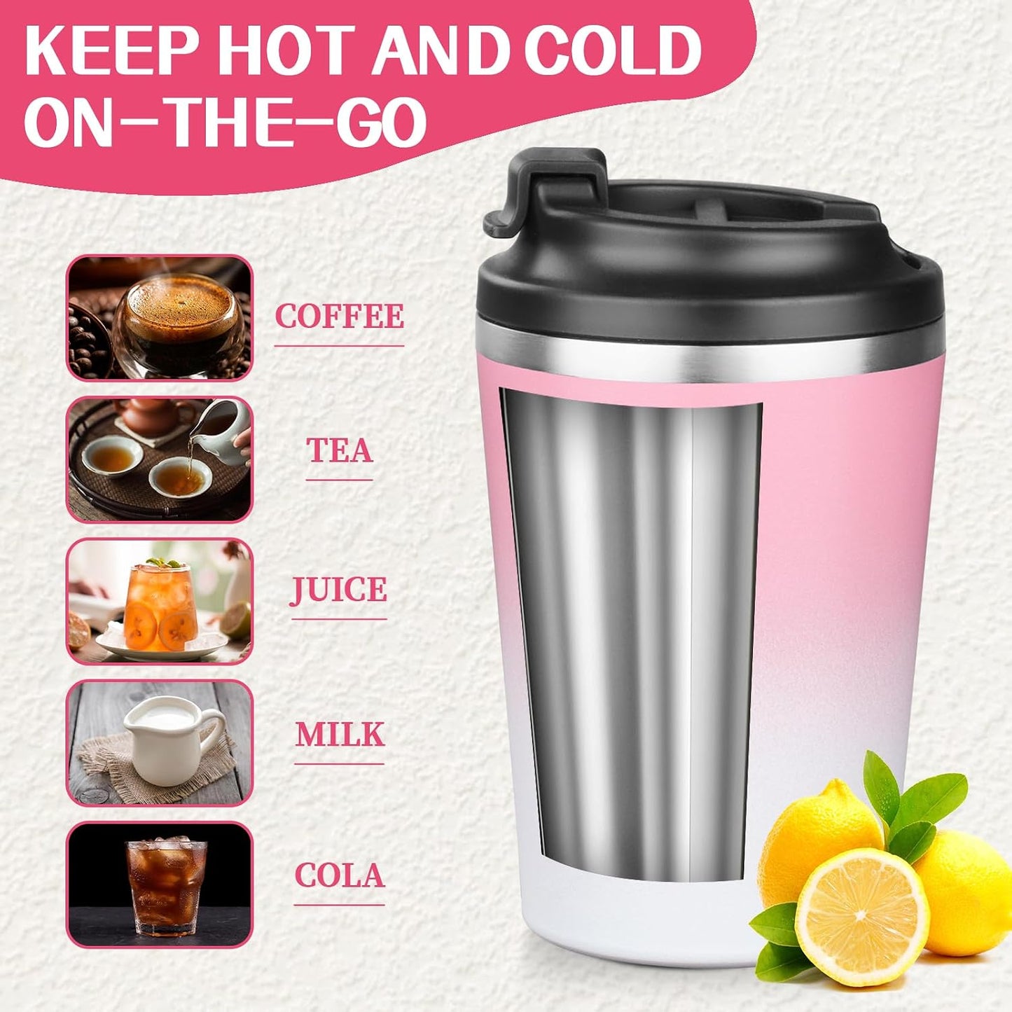 12 oz Coffee Mug Tumbler Internal ceramic coating Stainless Steel Vacuum Tumbler Travel Mug Spill Proof with Lid Proof Thermos Cups for Hot and Cold Drink(Pink to White)