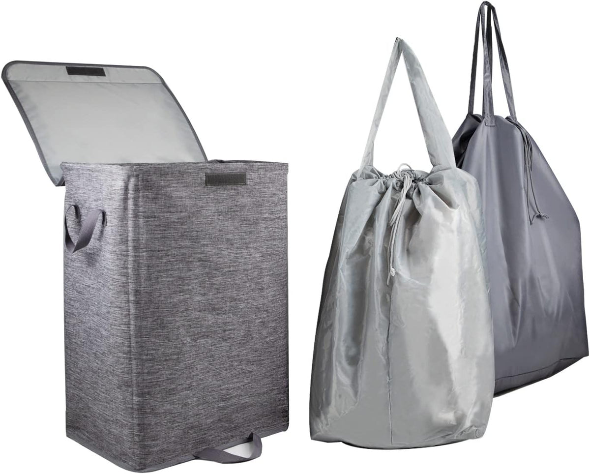 Foldable Laundry Hamper with 2 Removable Drawstring Bags,Portable Laundry Basket with Lid & Easy Carry Handle,Durable Clothes Hamper for Space-Saving Organizer in Bedroom,Bathroom,Dorm,Nursery,RV,Grey
