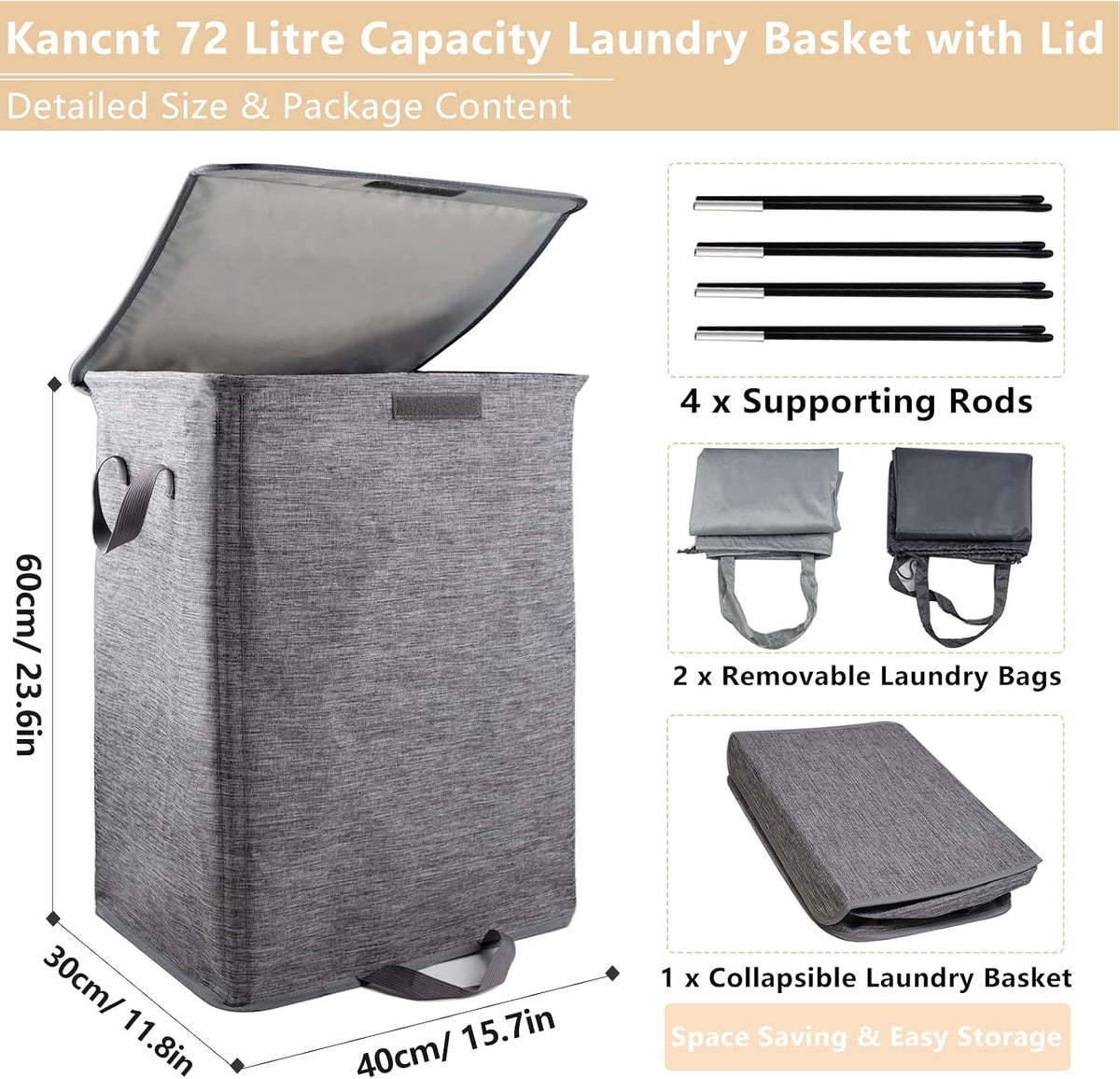 Foldable Laundry Hamper with 2 Removable Drawstring Bags,Portable Laundry Basket with Lid & Easy Carry Handle,Durable Clothes Hamper for Space-Saving Organizer in Bedroom,Bathroom,Dorm,Nursery,RV,Grey