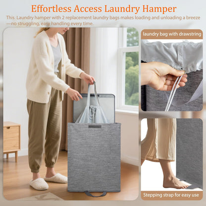 Foldable Laundry Hamper with 2 Removable Drawstring Bags,Portable Laundry Basket with Lid & Easy Carry Handle,Durable Clothes Hamper for Space-Saving Organizer in Bedroom,Bathroom,Dorm,Nursery,RV,Grey