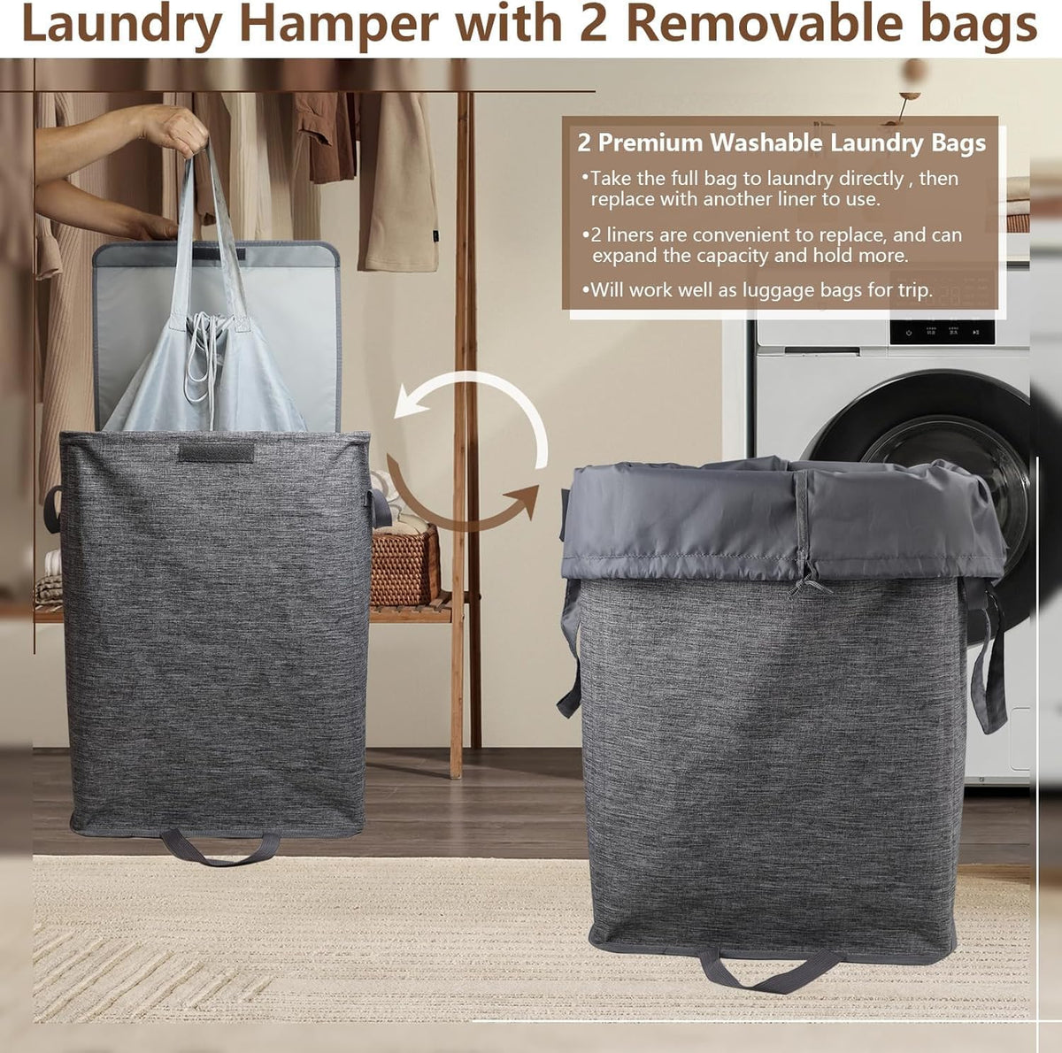 Foldable Laundry Hamper with 2 Removable Drawstring Bags,Portable Laundry Basket with Lid & Easy Carry Handle,Durable Clothes Hamper for Space-Saving Organizer in Bedroom,Bathroom,Dorm,Nursery,RV,Grey