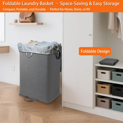Foldable Laundry Hamper with 2 Removable Drawstring Bags,Portable Laundry Basket with Lid & Easy Carry Handle,Durable Clothes Hamper for Space-Saving Organizer in Bedroom,Bathroom,Dorm,Nursery,RV,Grey