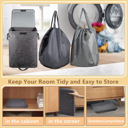 Foldable Laundry Hamper with 2 Removable Drawstring Bags,Portable Laundry Basket with Lid & Easy Carry Handle,Durable Clothes Hamper for Space-Saving Organizer in Bedroom,Bathroom,Dorm,Nursery,RV,Grey