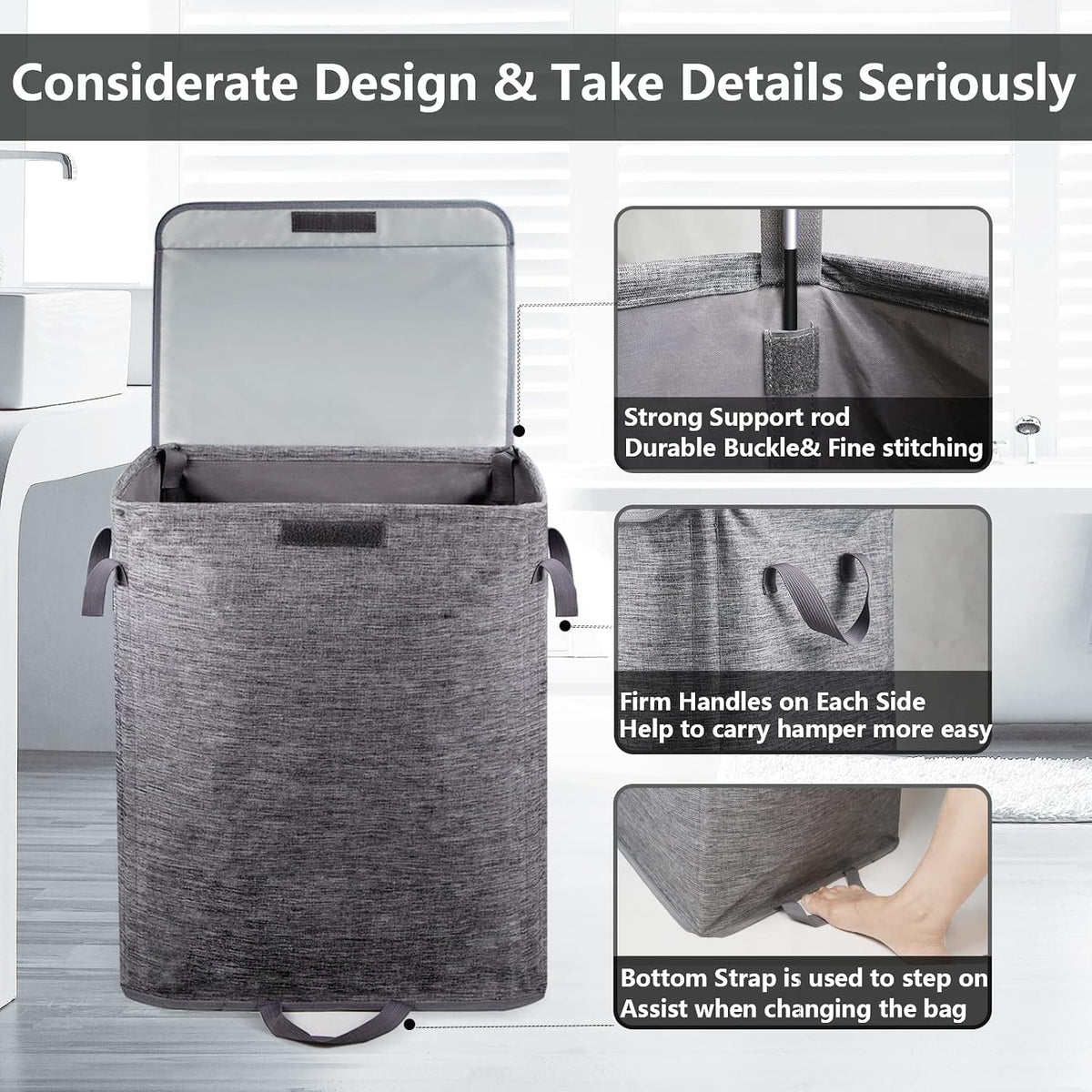 Foldable Laundry Hamper with 2 Removable Drawstring Bags,Portable Laundry Basket with Lid & Easy Carry Handle,Durable Clothes Hamper for Space-Saving Organizer in Bedroom,Bathroom,Dorm,Nursery,RV,Grey