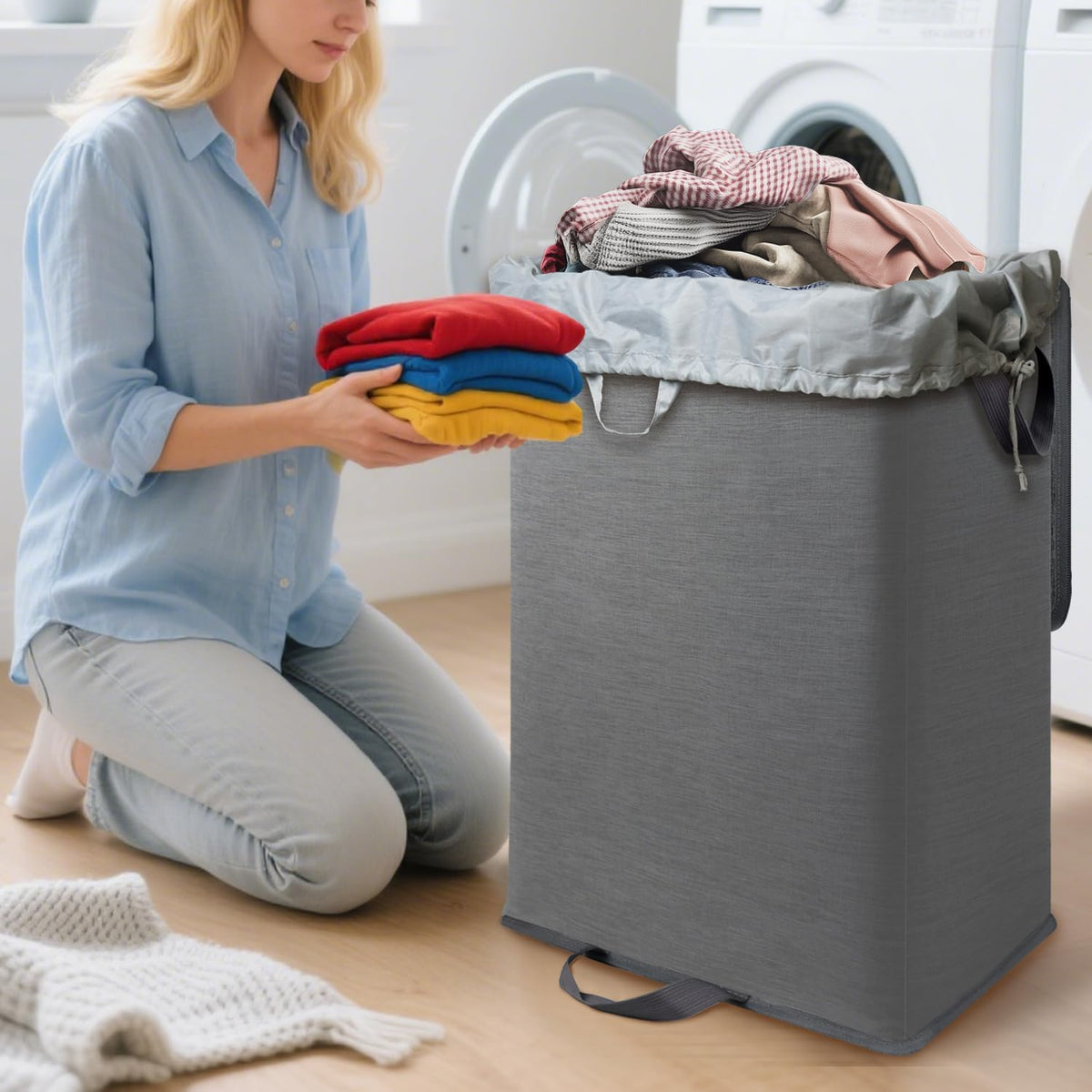 Foldable Laundry Hamper with 2 Removable Drawstring Bags,Portable Laundry Basket with Lid & Easy Carry Handle,Durable Clothes Hamper for Space-Saving Organizer in Bedroom,Bathroom,Dorm,Nursery,RV,Grey