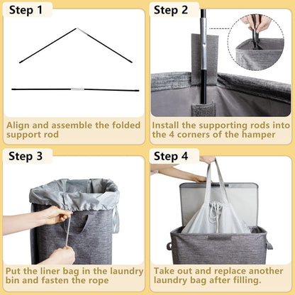 Foldable Laundry Hamper with 2 Removable Drawstring Bags,Portable Laundry Basket with Lid & Easy Carry Handle,Durable Clothes Hamper for Space-Saving Organizer in Bedroom,Bathroom,Dorm,Nursery,RV,Grey