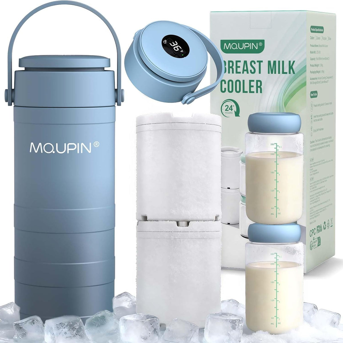 Breast Milk Cooler 20oz with Temperature Display 24Hours 360° Total Cooling Milk Bottle Storage Cooler Breast Milk Cooling Cup for Travel Outdoor (Blue)