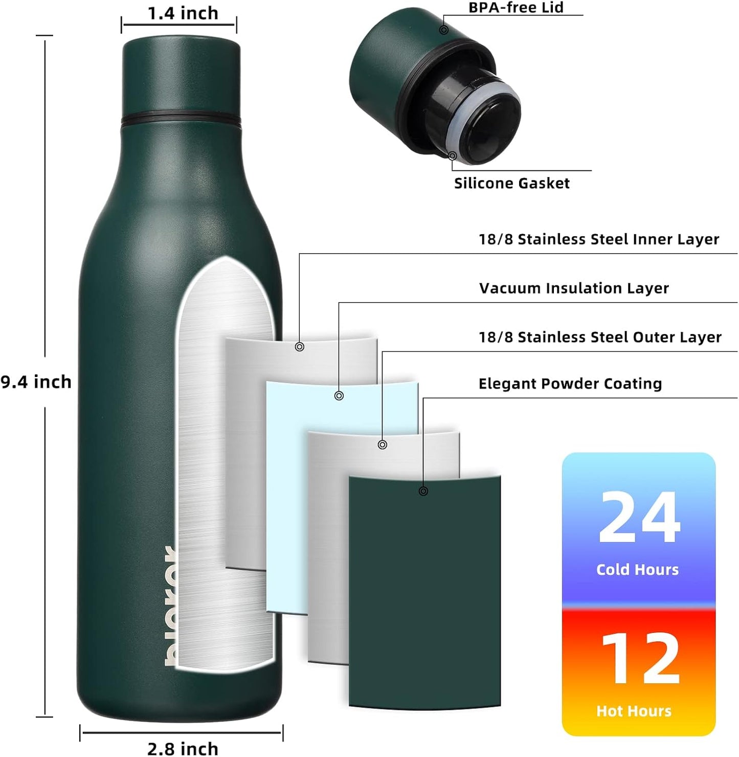18oz Insulated Water Bottle, Stainless Steel Bottle with Carry Strap | Keep Cold & Hot Vacuum Insulation, Leak-Proof BPA-Free Design, Slim Bottle Fits Most Cup Holders for Gym, Office & Travel - Colors A