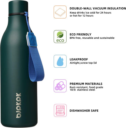 18oz Insulated Water Bottle, Stainless Steel Bottle with Carry Strap | Keep Cold & Hot Vacuum Insulation, Leak-Proof BPA-Free Design, Slim Bottle Fits Most Cup Holders for Gym, Office & Travel - Colors A