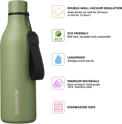 18oz Insulated Water Bottle, Stainless Steel Bottle with Carry Strap | Keep Cold & Hot Vacuum Insulation, Leak-Proof BPA-Free Design, Slim Bottle Fits Most Cup Holders for Gym, Office & Travel - Colors A