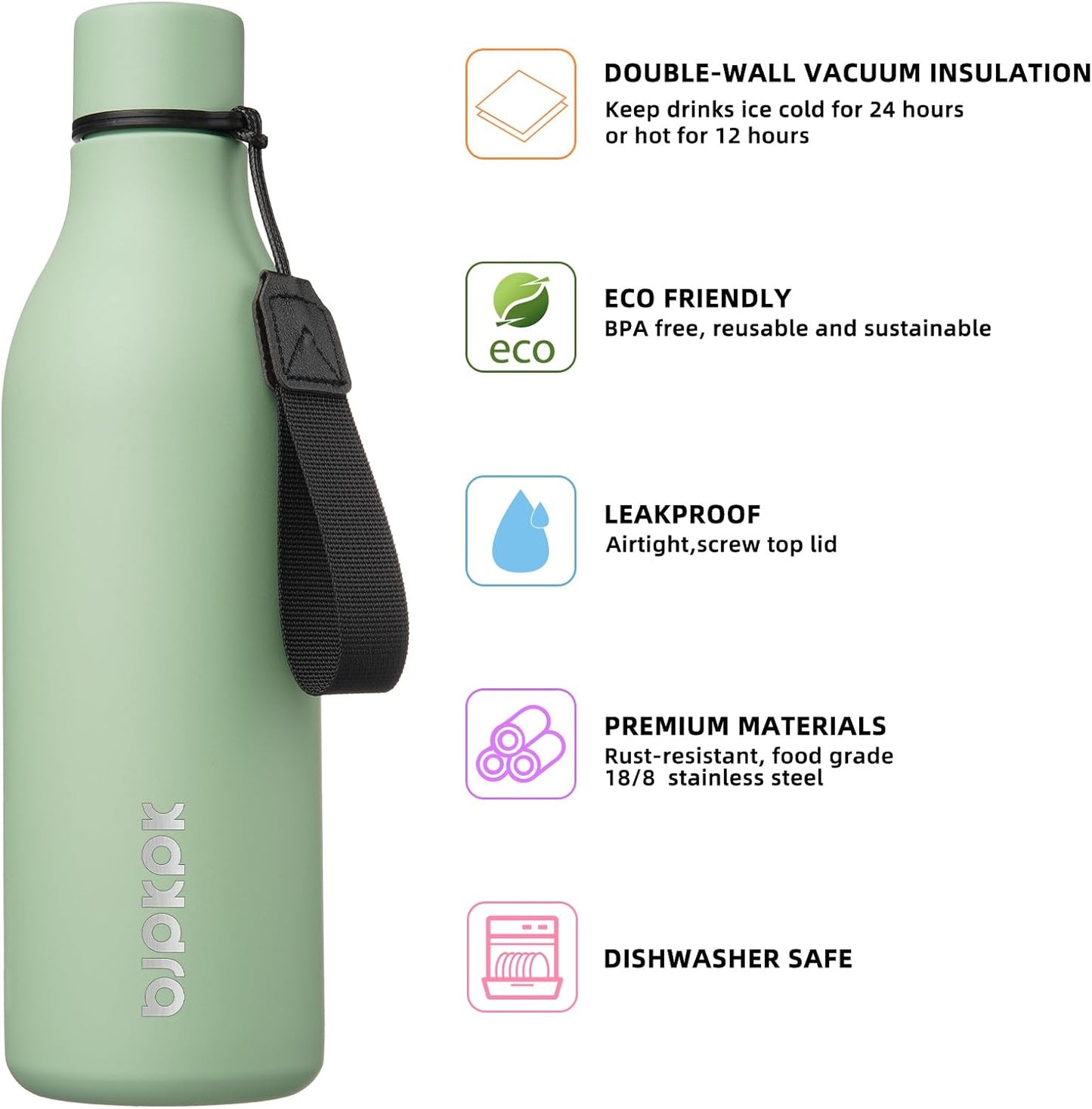18oz Insulated Water Bottle, Stainless Steel Bottle with Carry Strap | Keep Cold & Hot Vacuum Insulation, Leak-Proof BPA-Free Design, Slim Bottle Fits Most Cup Holders for Gym, Office & Travel - Colors A