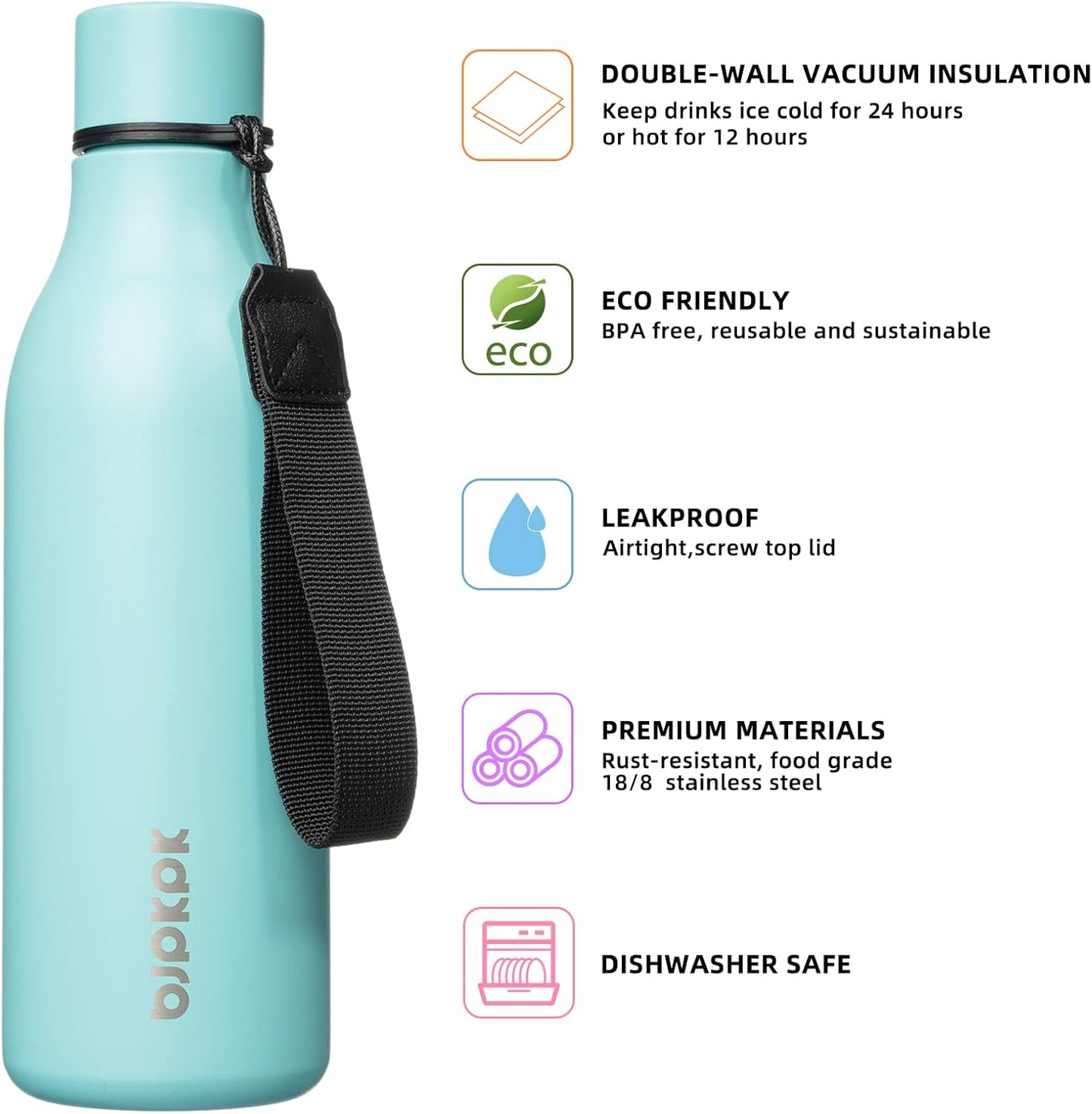 18oz Insulated Water Bottle, Stainless Steel Bottle with Carry Strap | Keep Cold & Hot Vacuum Insulation, Leak-Proof BPA-Free Design, Slim Bottle Fits Most Cup Holders for Gym, Office & Travel - Colors A