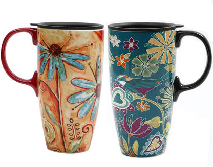17oz Ceramic Travel Mug with Lid, Pink Floral Coffee Mug for Women | Coffee Mug with Handle, Pink Watercolor Floral Design, Spill-Resistant Lid, Microwave & Dishwasher Safe, Gift Box Included