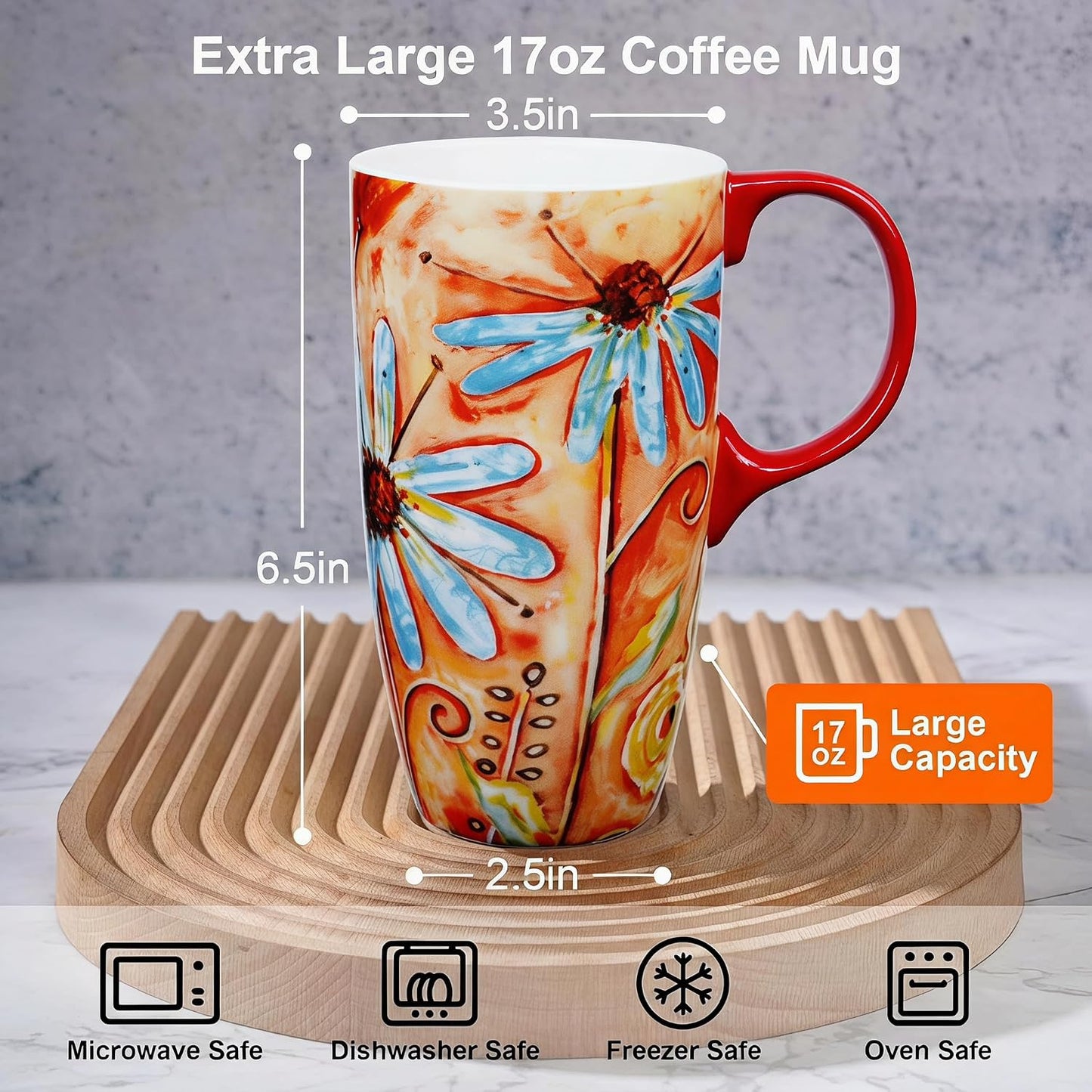17oz Ceramic Travel Mug with Lid, Pink Floral Coffee Mug for Women | Coffee Mug with Handle, Pink Watercolor Floral Design, Spill-Resistant Lid, Microwave & Dishwasher Safe, Gift Box Included