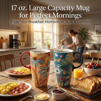17oz Ceramic Travel Mug with Lid, Pink Floral Coffee Mug for Women | Coffee Mug with Handle, Pink Watercolor Floral Design, Spill-Resistant Lid, Microwave & Dishwasher Safe, Gift Box Included