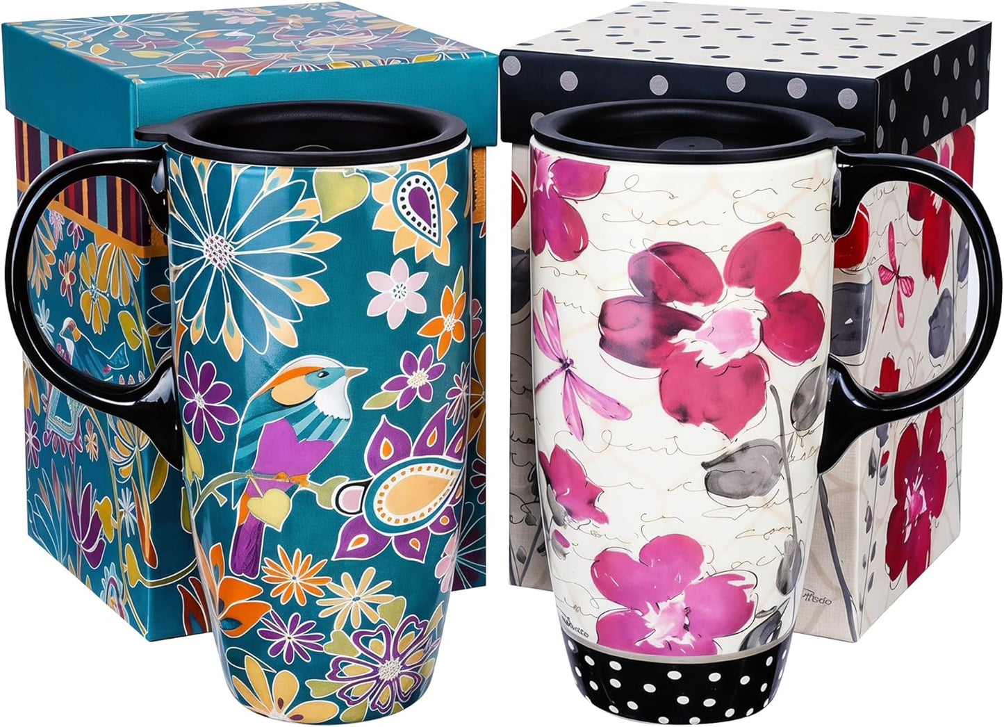 17oz Ceramic Travel Mug with Lid, Pink Floral Coffee Mug for Women | Coffee Mug with Handle, Pink Watercolor Floral Design, Spill-Resistant Lid, Microwave & Dishwasher Safe, Gift Box Included