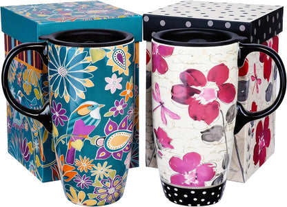 17oz Ceramic Travel Mug with Lid, Pink Floral Coffee Mug for Women | Coffee Mug with Handle, Pink Watercolor Floral Design, Spill-Resistant Lid, Microwave & Dishwasher Safe, Gift Box Included