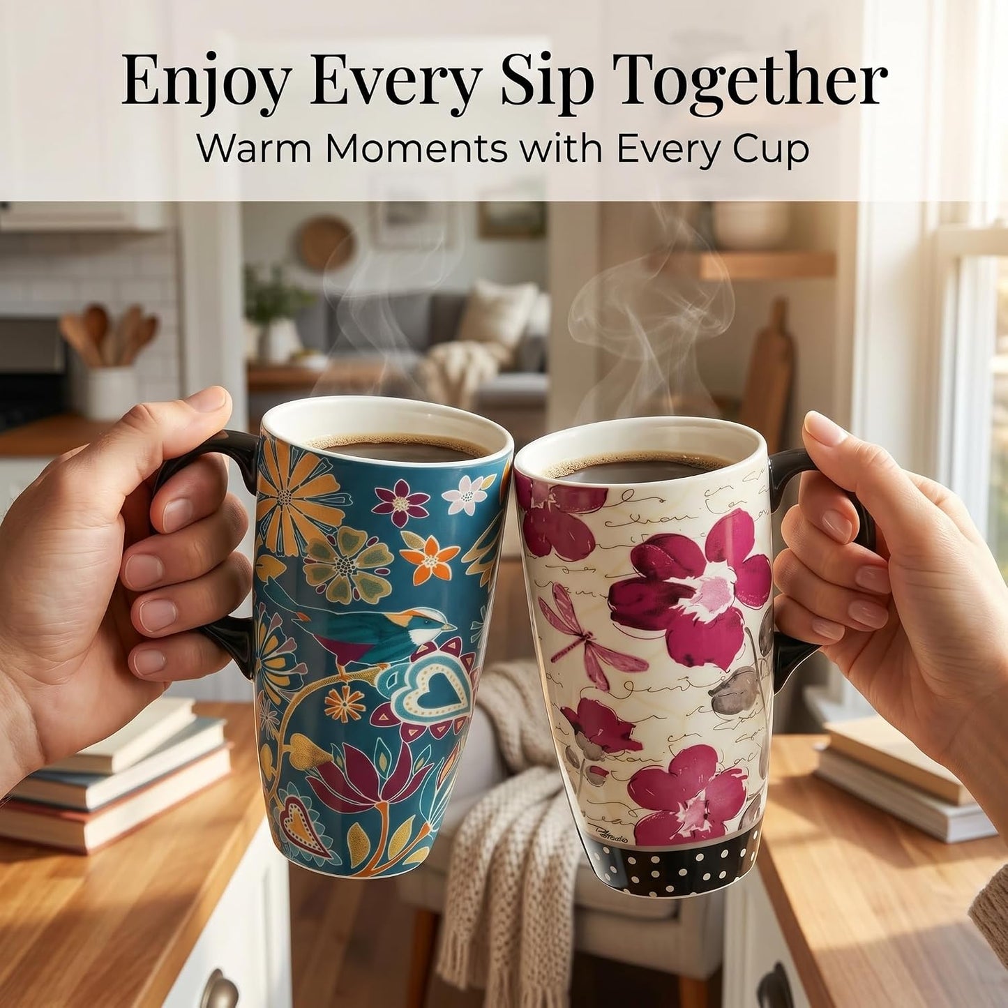 17oz Ceramic Travel Mug with Lid, Pink Floral Coffee Mug for Women | Coffee Mug with Handle, Pink Watercolor Floral Design, Spill-Resistant Lid, Microwave & Dishwasher Safe, Gift Box Included
