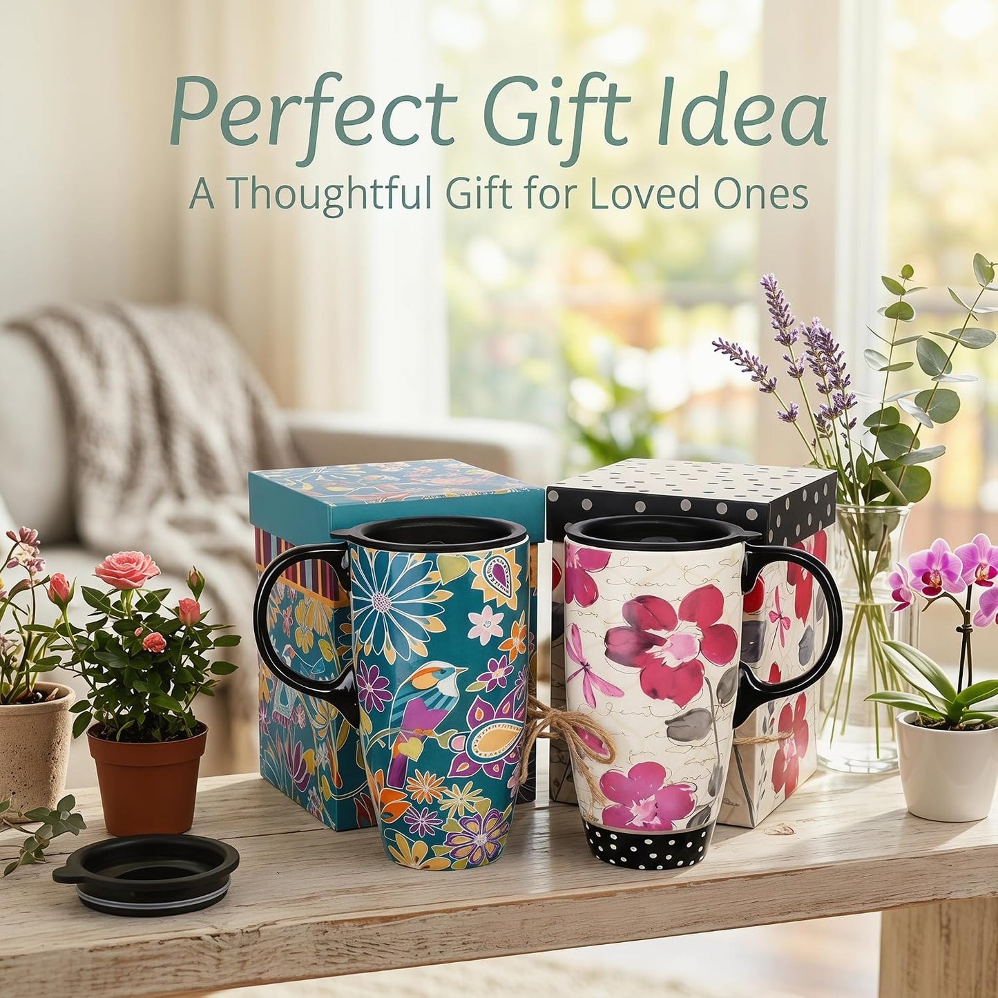 17oz Ceramic Travel Mug with Lid, Pink Floral Coffee Mug for Women | Coffee Mug with Handle, Pink Watercolor Floral Design, Spill-Resistant Lid, Microwave & Dishwasher Safe, Gift Box Included