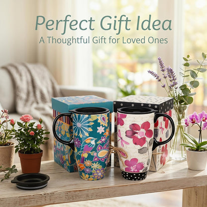 17oz Ceramic Travel Mug with Lid, Pink Floral Coffee Mug for Women | Coffee Mug with Handle, Pink Watercolor Floral Design, Spill-Resistant Lid, Microwave & Dishwasher Safe, Gift Box Included