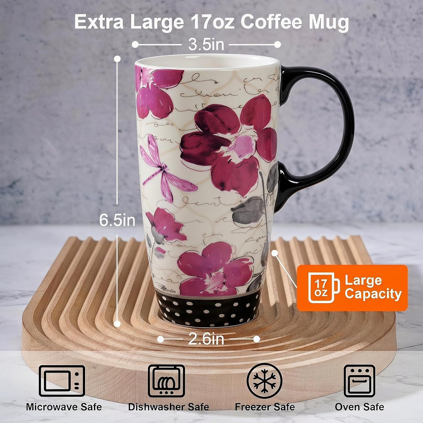17oz Ceramic Travel Mug with Lid, Pink Floral Coffee Mug for Women | Coffee Mug with Handle, Pink Watercolor Floral Design, Spill-Resistant Lid, Microwave & Dishwasher Safe, Gift Box Included