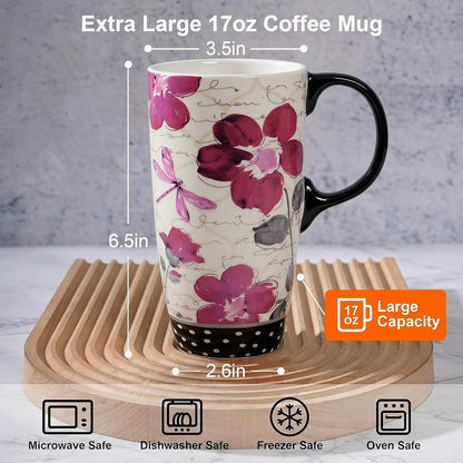 17oz Ceramic Travel Mug with Lid, Pink Floral Coffee Mug for Women | Coffee Mug with Handle, Pink Watercolor Floral Design, Spill-Resistant Lid, Microwave & Dishwasher Safe, Gift Box Included