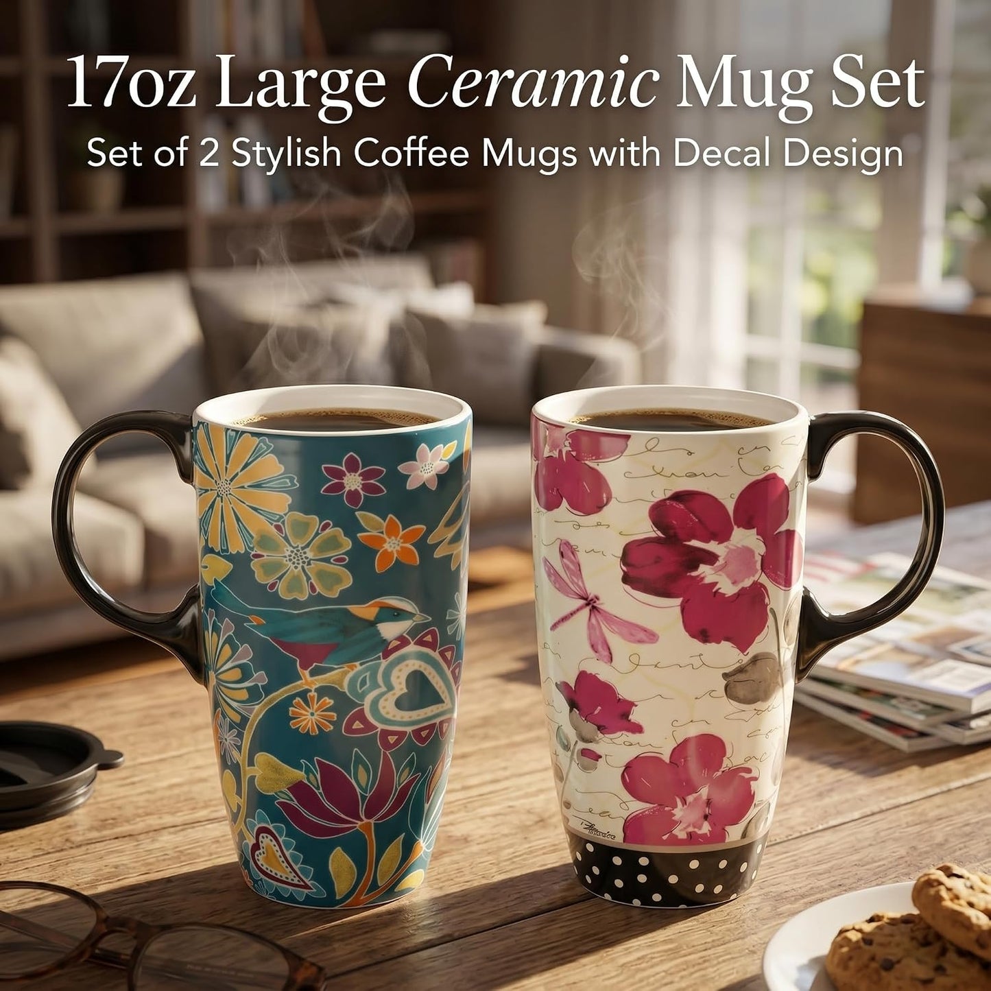 17oz Ceramic Travel Mug with Lid, Pink Floral Coffee Mug for Women | Coffee Mug with Handle, Pink Watercolor Floral Design, Spill-Resistant Lid, Microwave & Dishwasher Safe, Gift Box Included