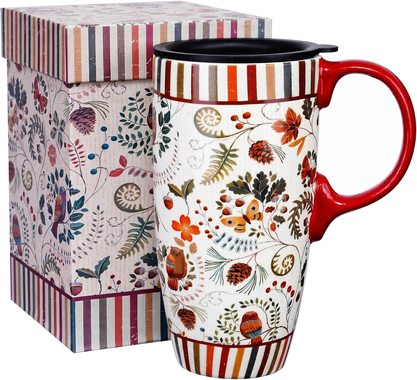 17oz Ceramic Travel Mug with Lid, Pink Floral Coffee Mug for Women | Coffee Mug with Handle, Pink Watercolor Floral Design, Spill-Resistant Lid, Microwave & Dishwasher Safe, Gift Box Included