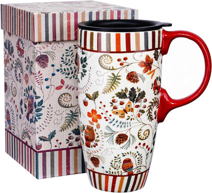 17oz Ceramic Travel Mug with Lid, Pink Floral Coffee Mug for Women | Coffee Mug with Handle, Pink Watercolor Floral Design, Spill-Resistant Lid, Microwave & Dishwasher Safe, Gift Box Included