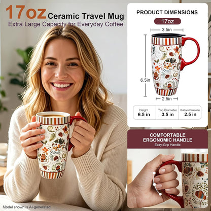 17oz Ceramic Travel Mug with Lid, Pink Floral Coffee Mug for Women | Coffee Mug with Handle, Pink Watercolor Floral Design, Spill-Resistant Lid, Microwave & Dishwasher Safe, Gift Box Included