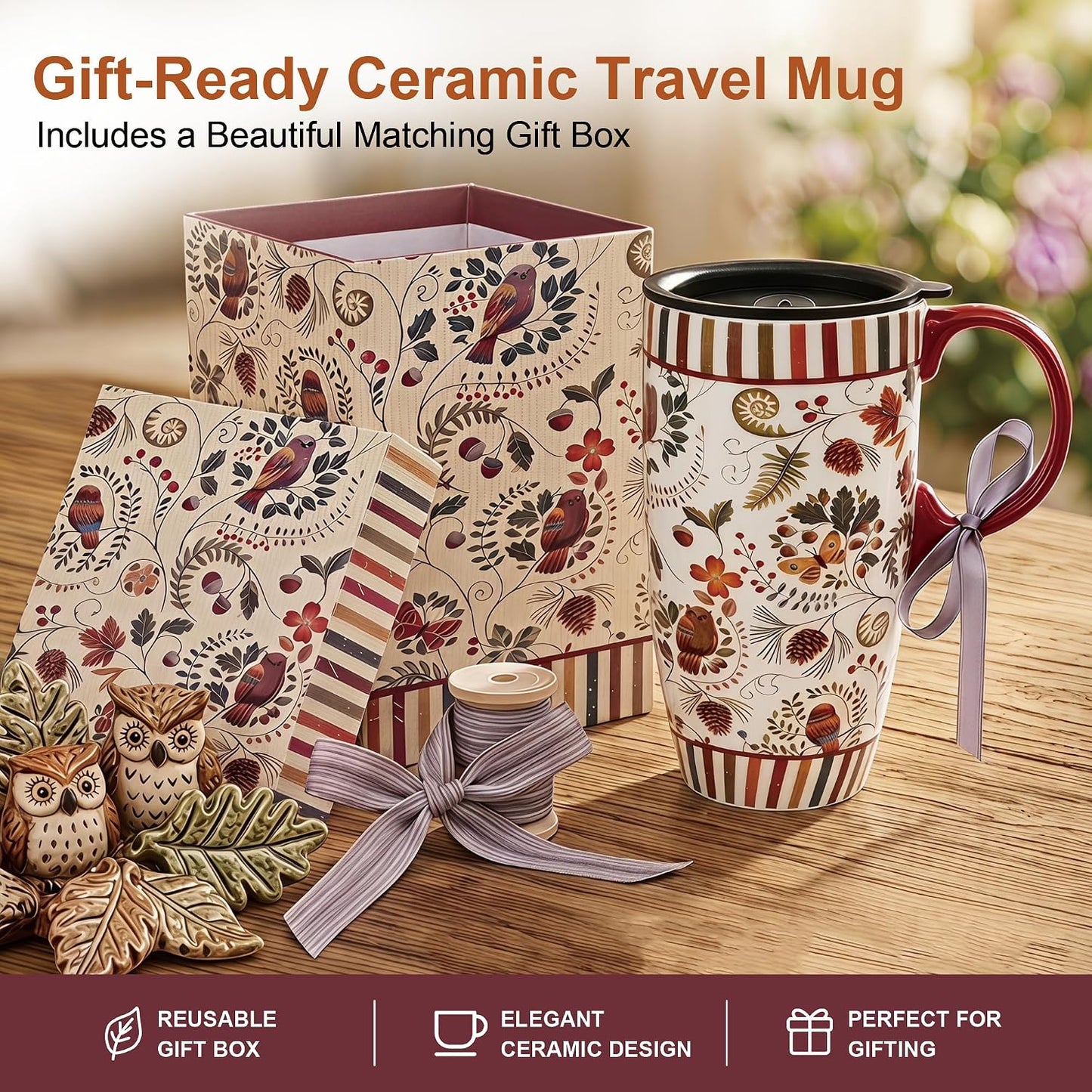 17oz Ceramic Travel Mug with Lid, Pink Floral Coffee Mug for Women | Coffee Mug with Handle, Pink Watercolor Floral Design, Spill-Resistant Lid, Microwave & Dishwasher Safe, Gift Box Included