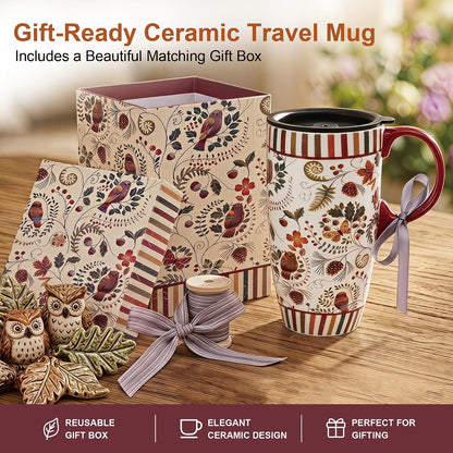 17oz Ceramic Travel Mug with Lid, Pink Floral Coffee Mug for Women | Coffee Mug with Handle, Pink Watercolor Floral Design, Spill-Resistant Lid, Microwave & Dishwasher Safe, Gift Box Included