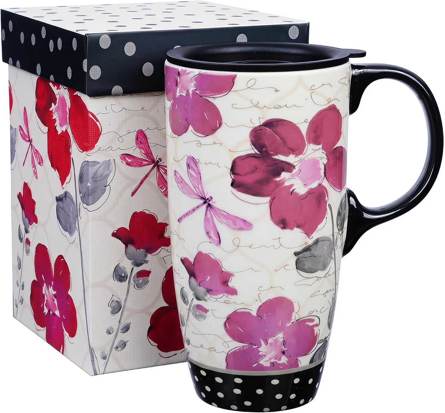 17oz Ceramic Travel Mug with Lid, Pink Floral Coffee Mug for Women | Coffee Mug with Handle, Pink Watercolor Floral Design, Spill-Resistant Lid, Microwave & Dishwasher Safe, Gift Box Included