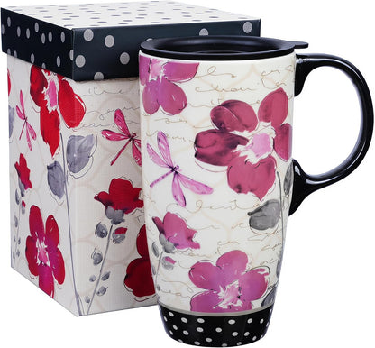 17oz Ceramic Travel Mug with Lid, Pink Floral Coffee Mug for Women | Coffee Mug with Handle, Pink Watercolor Floral Design, Spill-Resistant Lid, Microwave & Dishwasher Safe, Gift Box Included