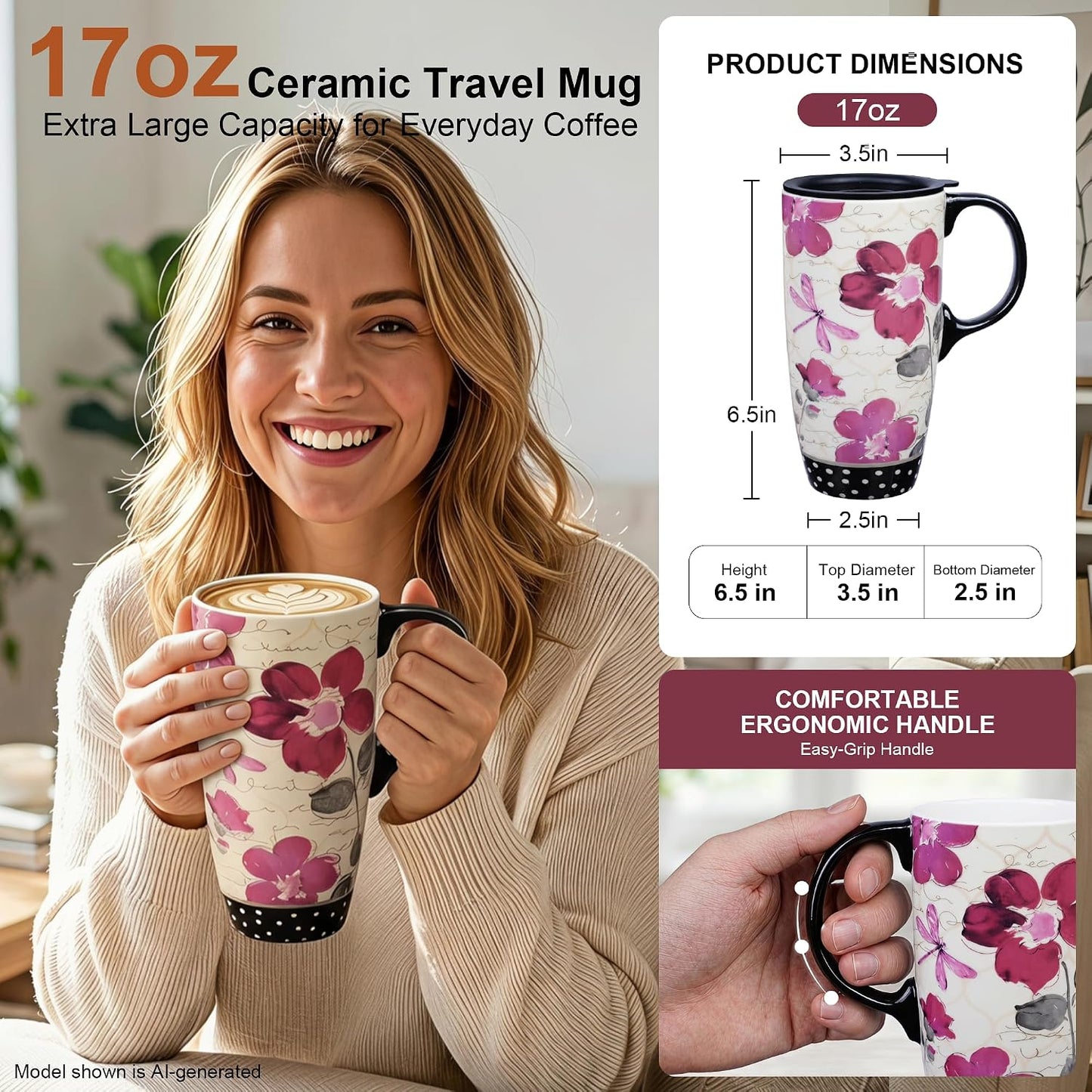 17oz Ceramic Travel Mug with Lid, Pink Floral Coffee Mug for Women | Coffee Mug with Handle, Pink Watercolor Floral Design, Spill-Resistant Lid, Microwave & Dishwasher Safe, Gift Box Included