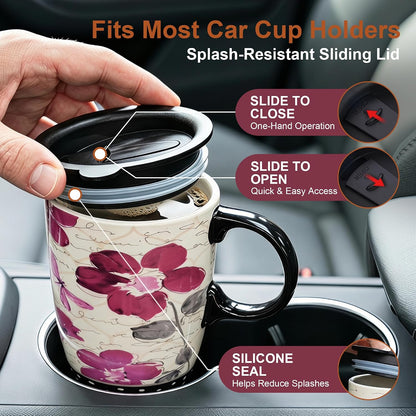 17oz Ceramic Travel Mug with Lid, Pink Floral Coffee Mug for Women | Coffee Mug with Handle, Pink Watercolor Floral Design, Spill-Resistant Lid, Microwave & Dishwasher Safe, Gift Box Included