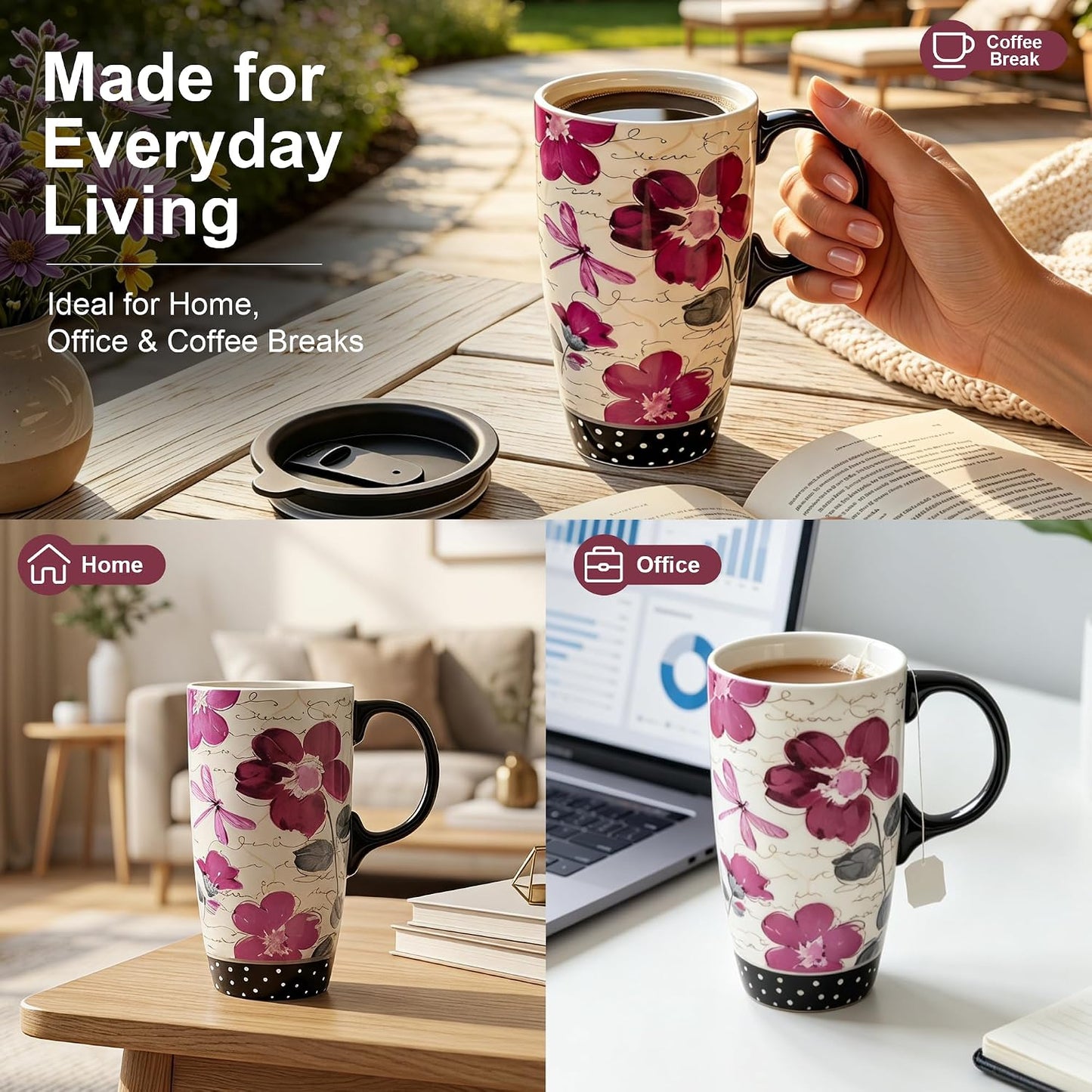17oz Ceramic Travel Mug with Lid, Pink Floral Coffee Mug for Women | Coffee Mug with Handle, Pink Watercolor Floral Design, Spill-Resistant Lid, Microwave & Dishwasher Safe, Gift Box Included