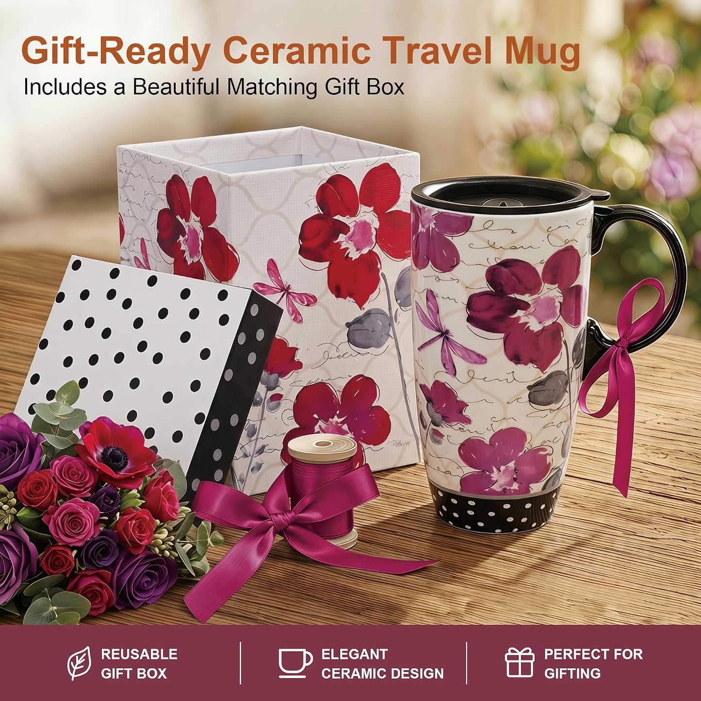 17oz Ceramic Travel Mug with Lid, Pink Floral Coffee Mug for Women | Coffee Mug with Handle, Pink Watercolor Floral Design, Spill-Resistant Lid, Microwave & Dishwasher Safe, Gift Box Included