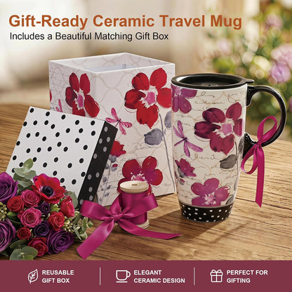 17oz Ceramic Travel Mug with Lid, Pink Floral Coffee Mug for Women | Coffee Mug with Handle, Pink Watercolor Floral Design, Spill-Resistant Lid, Microwave & Dishwasher Safe, Gift Box Included