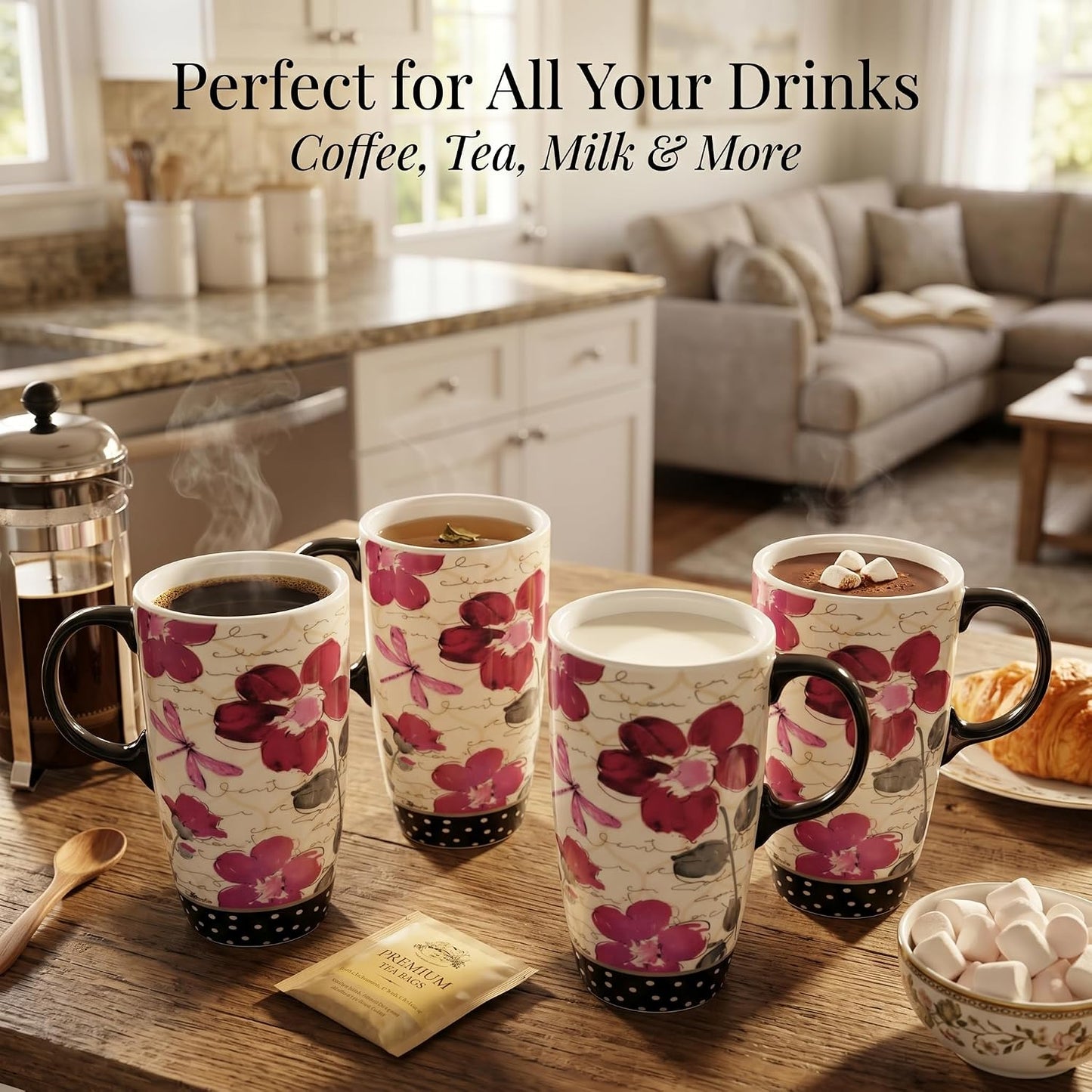 17oz Ceramic Travel Mug with Lid, Pink Floral Coffee Mug for Women | Coffee Mug with Handle, Pink Watercolor Floral Design, Spill-Resistant Lid, Microwave & Dishwasher Safe, Gift Box Included