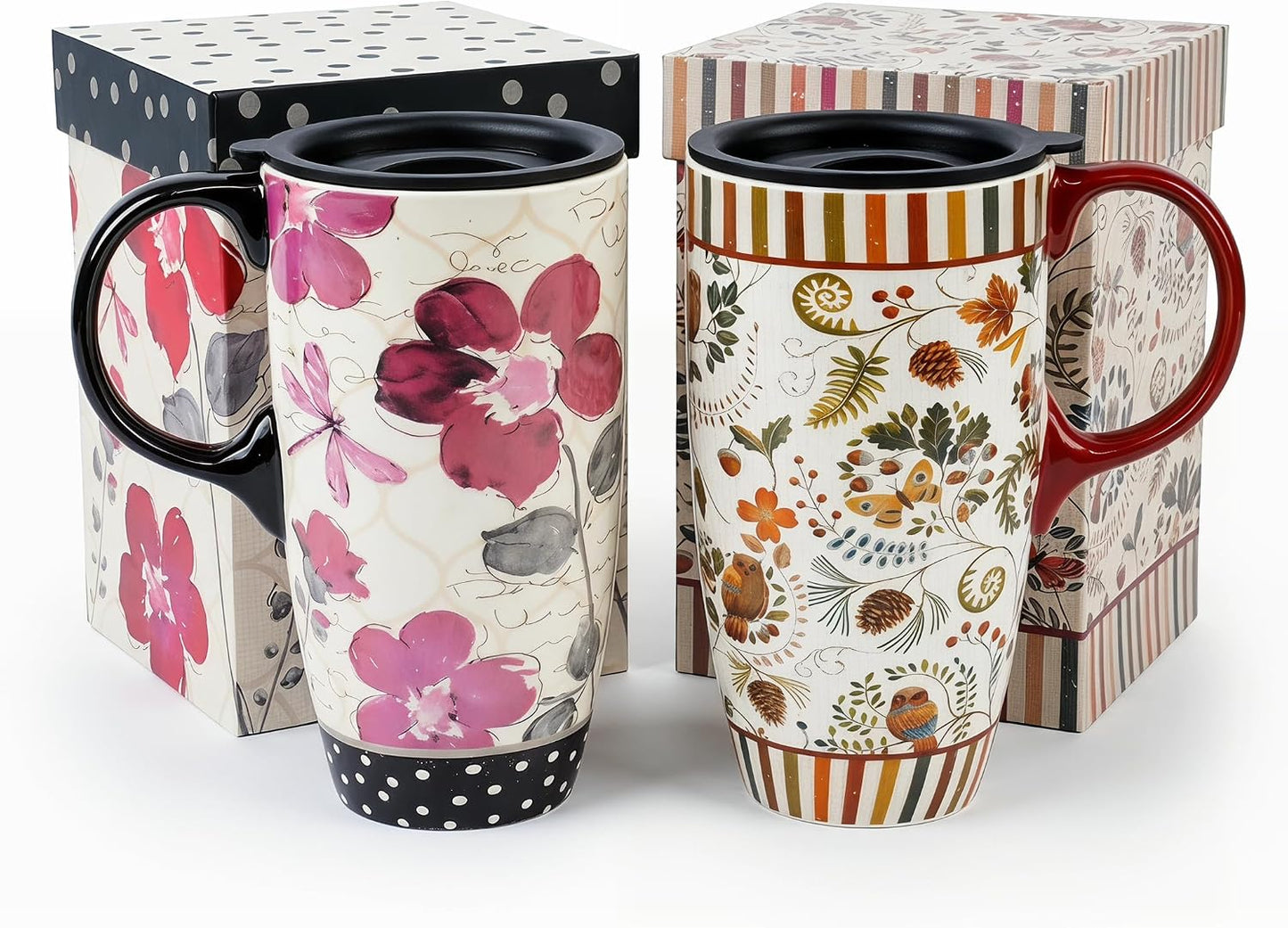 17oz Ceramic Travel Mug with Lid, Pink Floral Coffee Mug for Women | Coffee Mug with Handle, Pink Watercolor Floral Design, Spill-Resistant Lid, Microwave & Dishwasher Safe, Gift Box Included