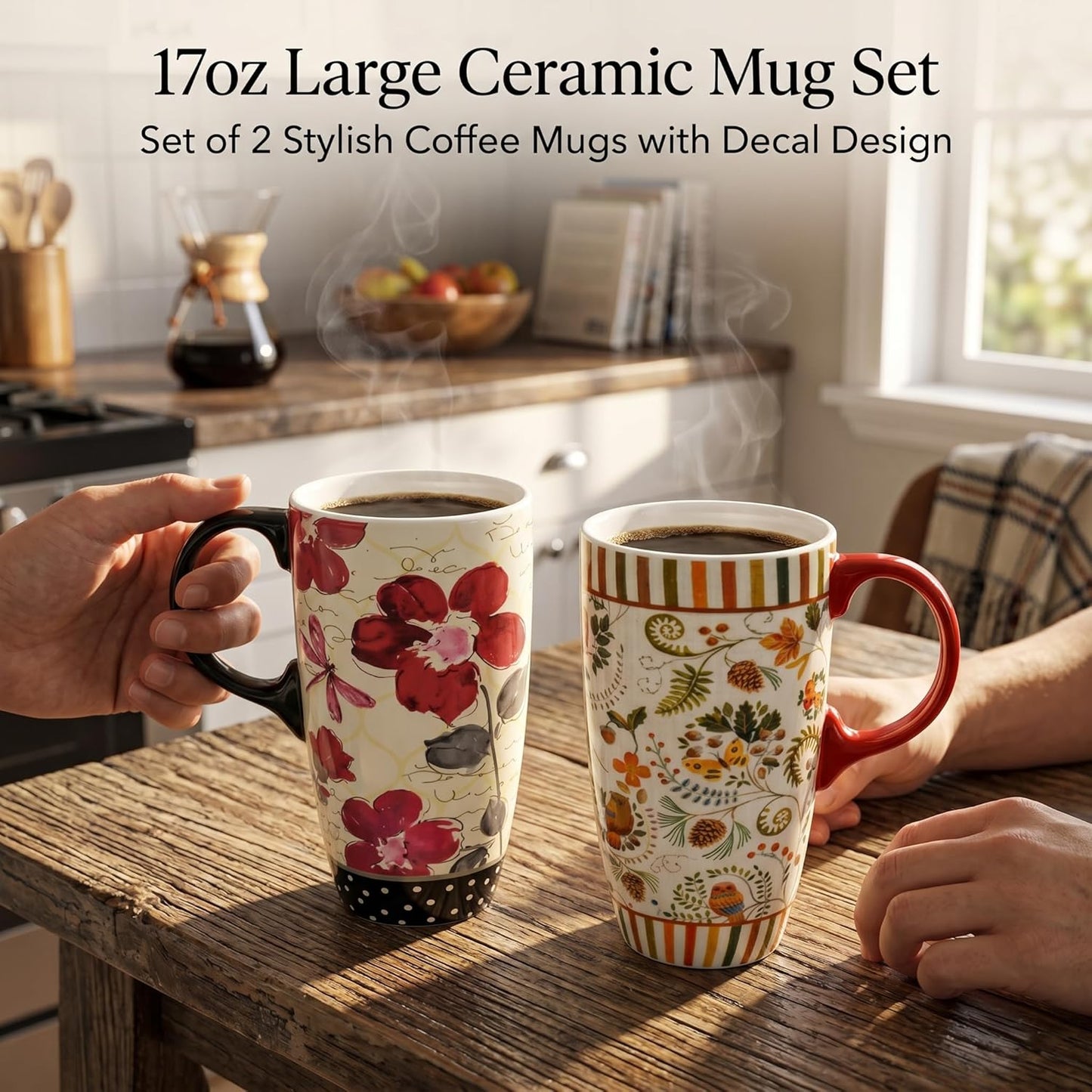 17oz Ceramic Travel Mug with Lid, Pink Floral Coffee Mug for Women | Coffee Mug with Handle, Pink Watercolor Floral Design, Spill-Resistant Lid, Microwave & Dishwasher Safe, Gift Box Included